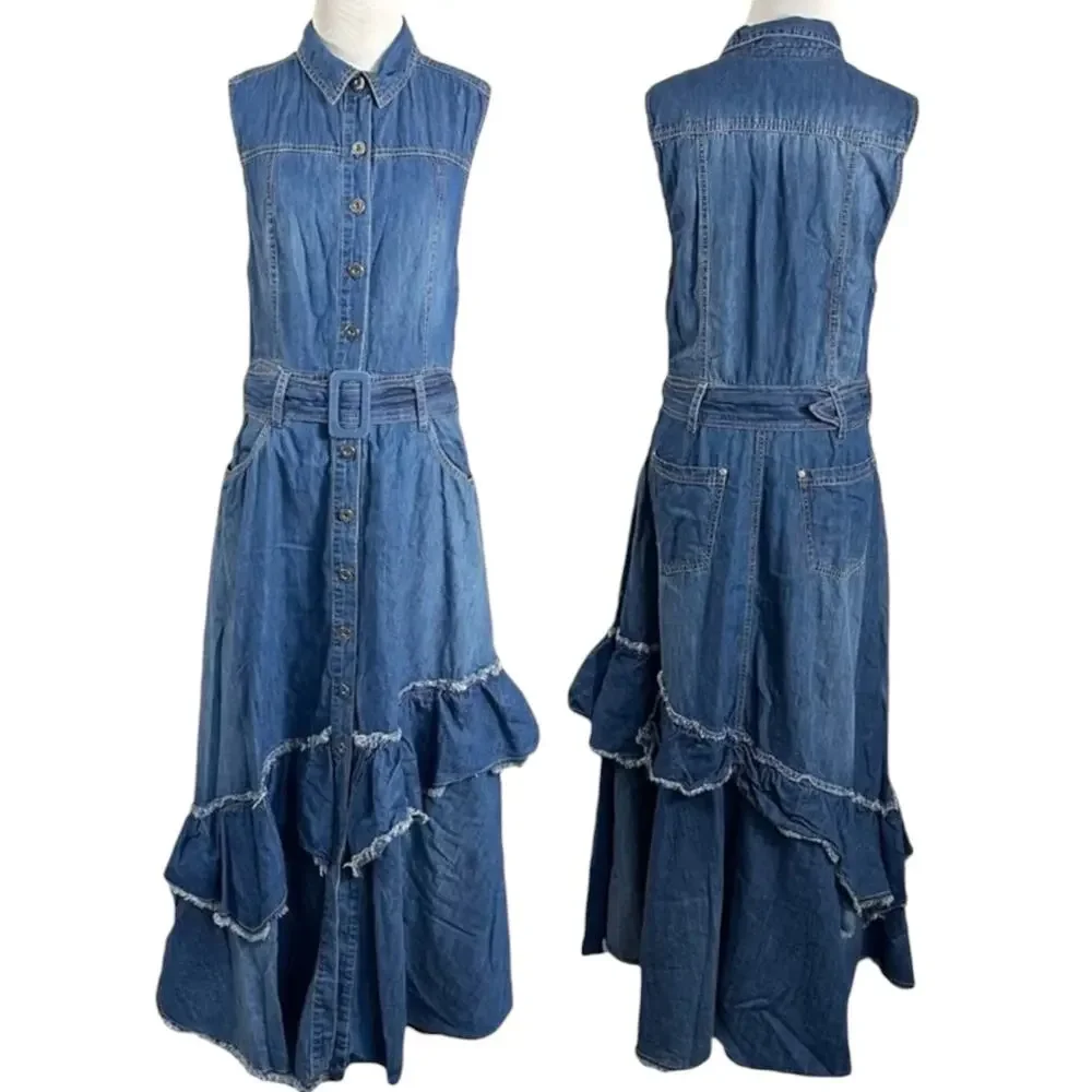 Free People Western Bohemian Ruffle Denim Midi Maxi Dress Belted Cowgirl Small
